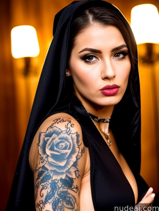 arafed woman with a black veil and a rose tattoo on her arm