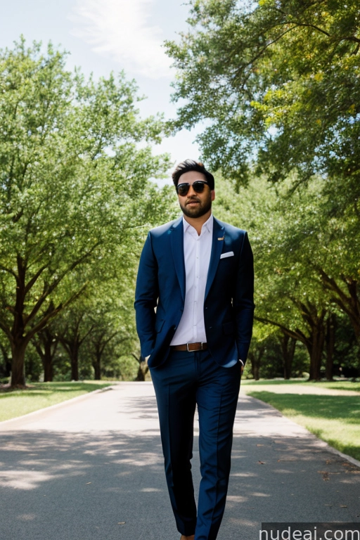 arafed man in a suit and sunglasses walking down a road