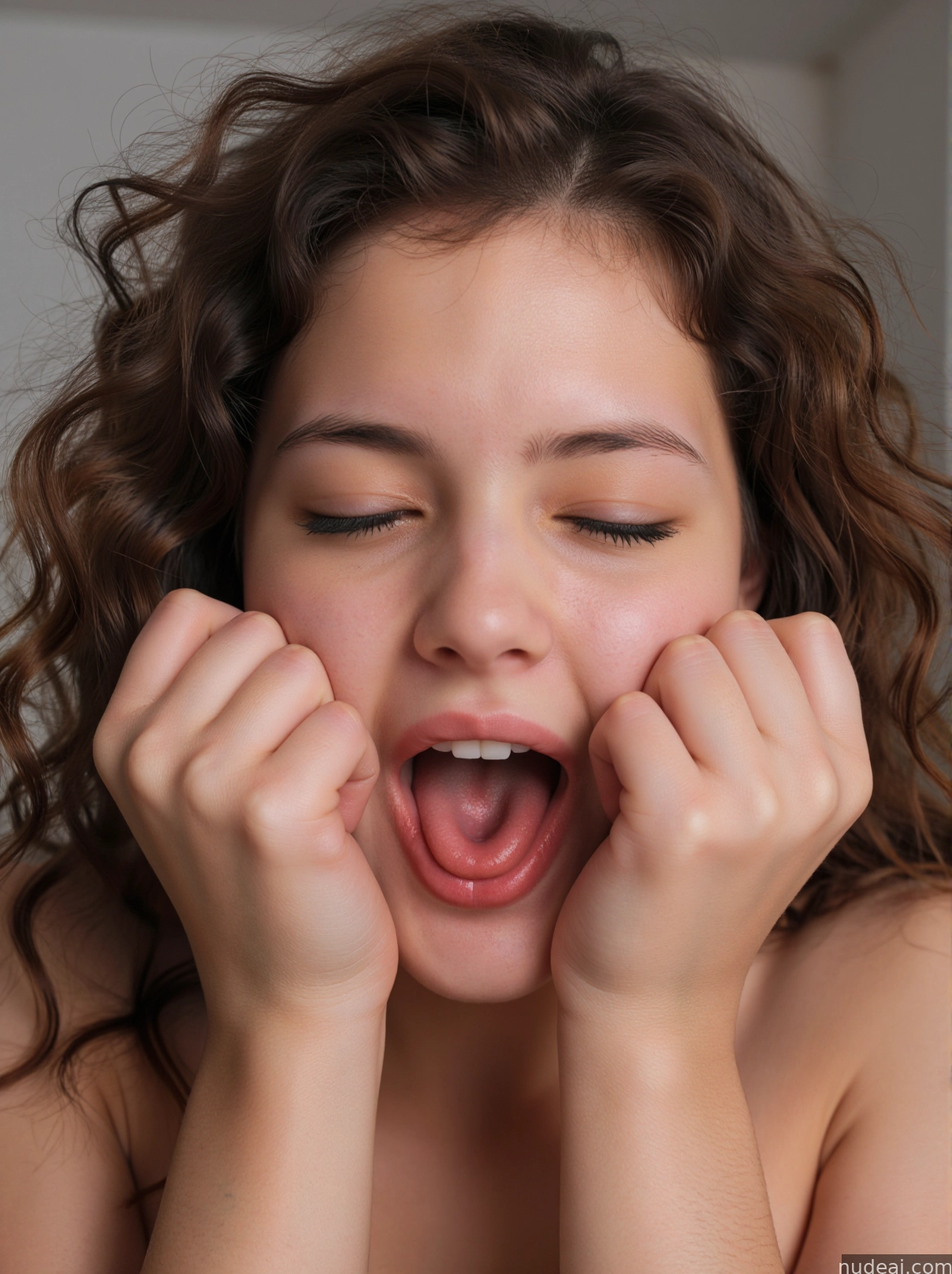 arafed young girl with her mouth open and hands on her face