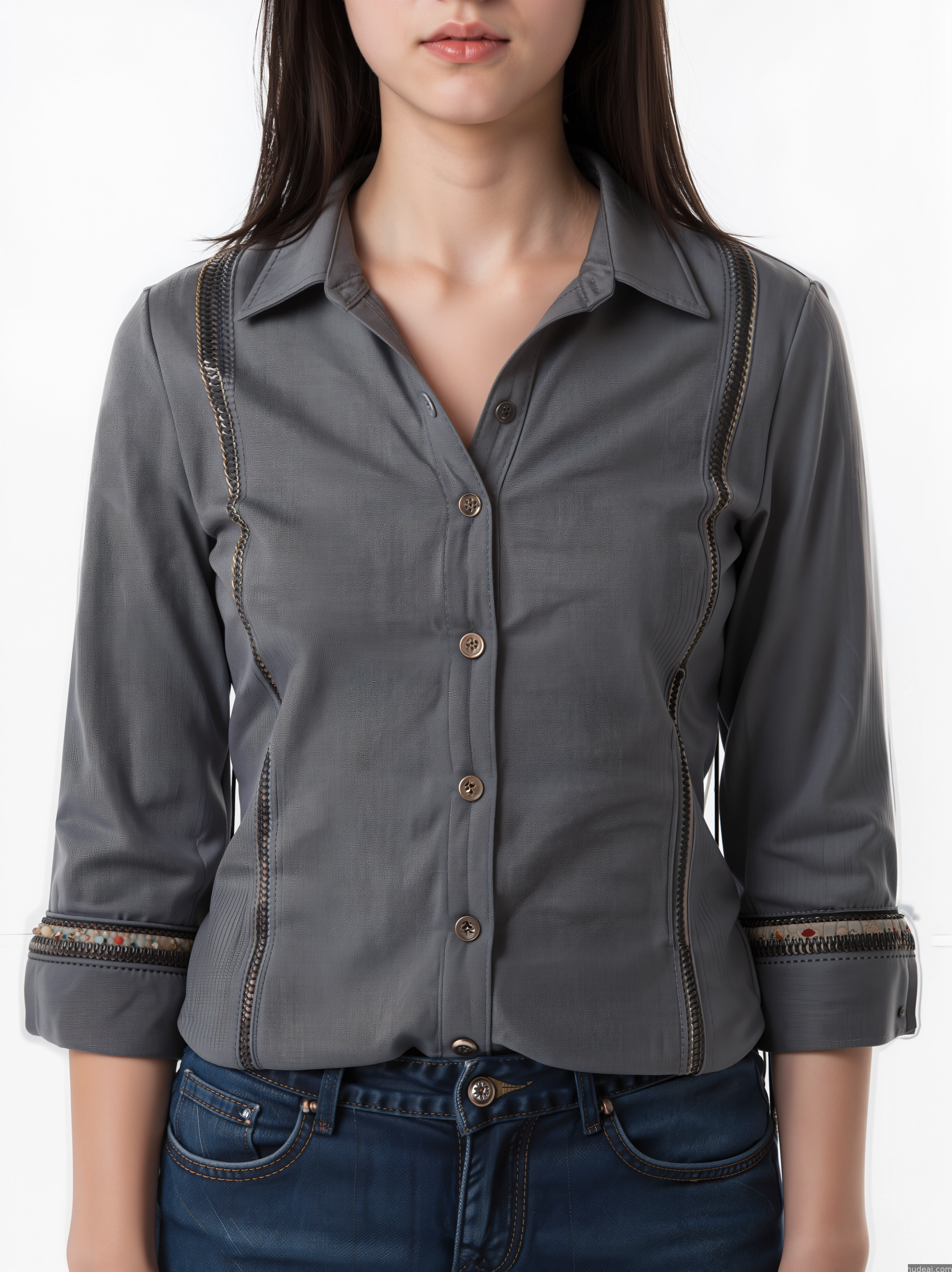 arafed woman in a gray shirt and jeans posing for a picture