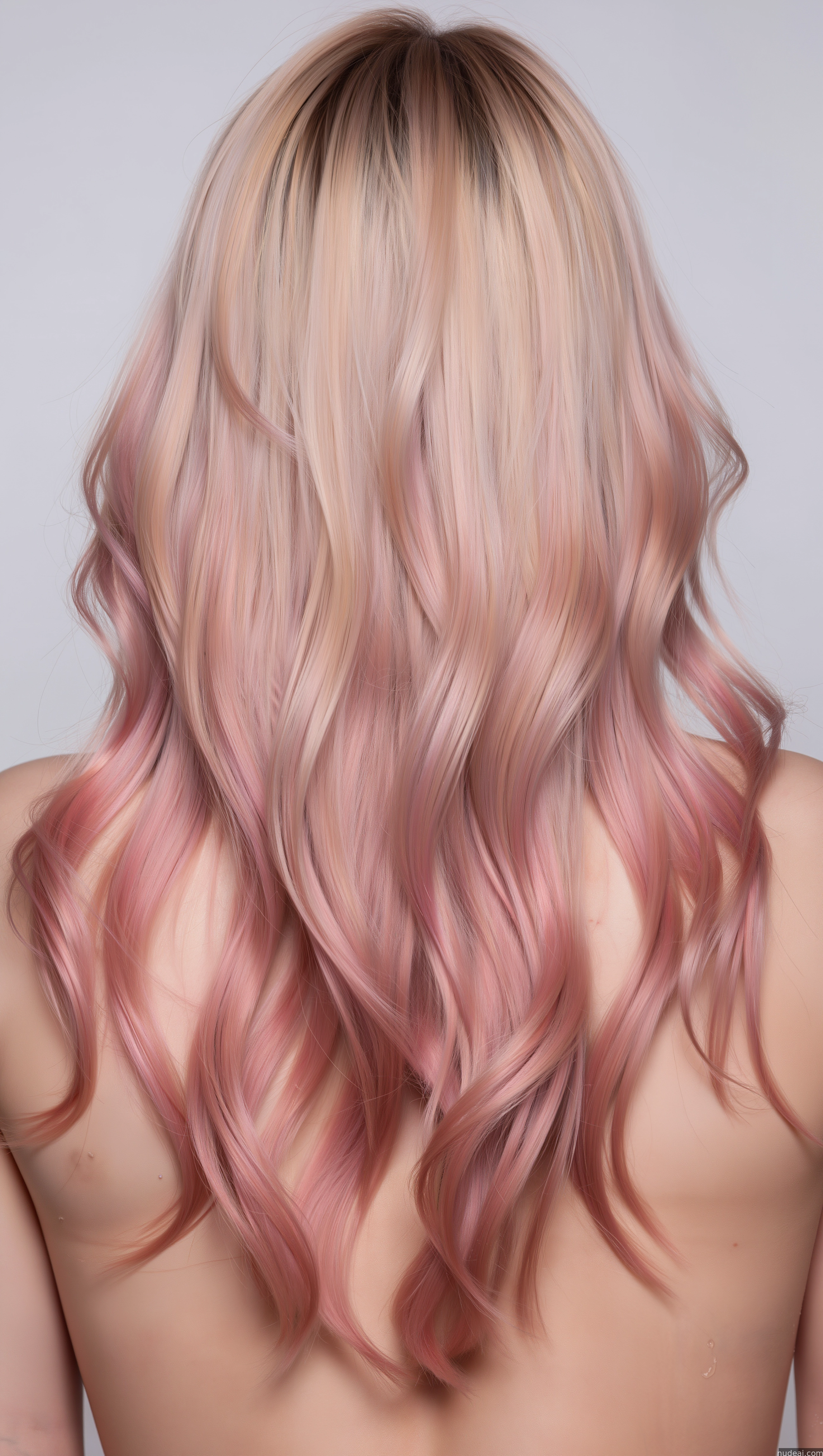 a close up of a woman with pink hair and a pink dress