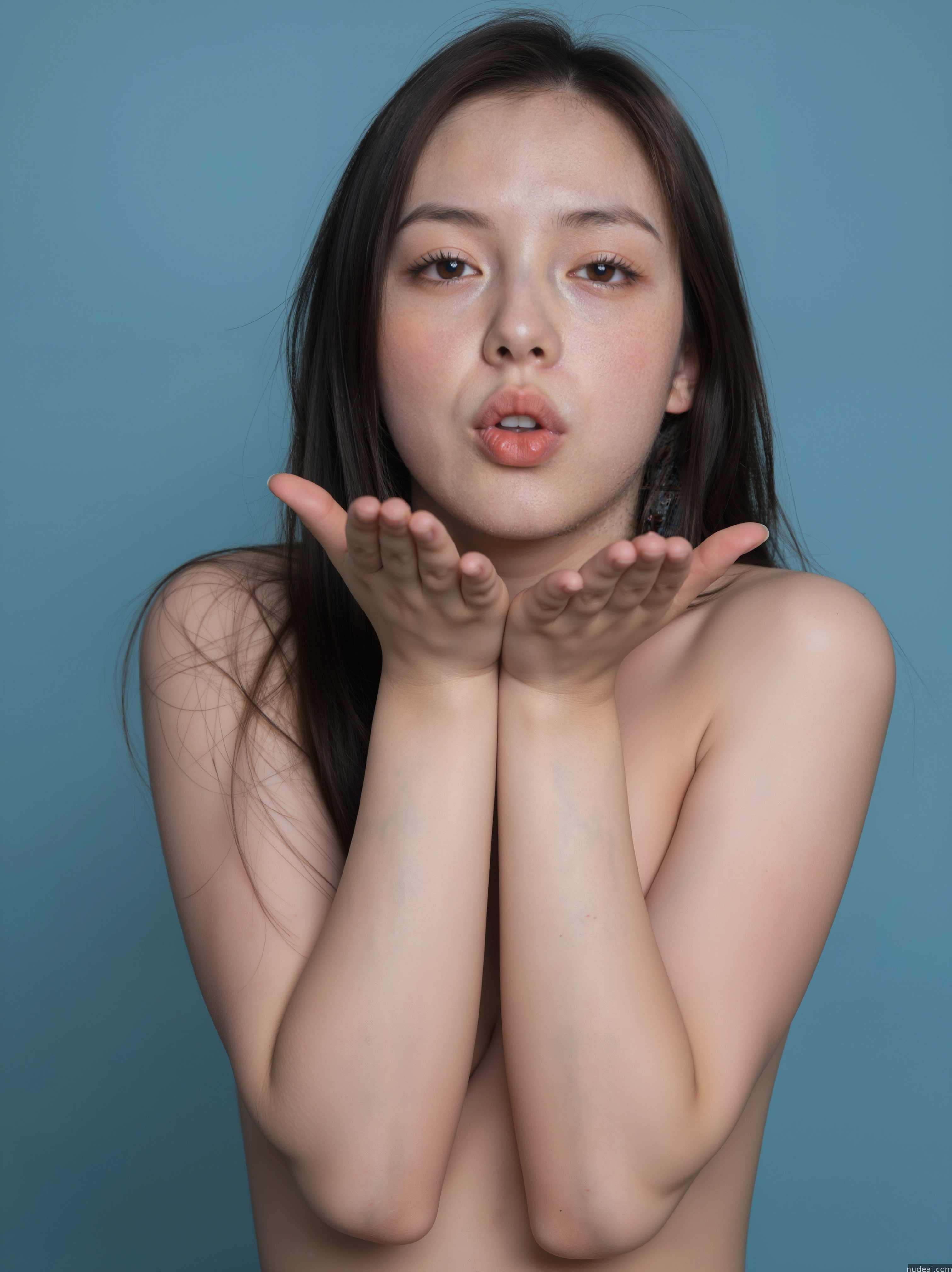 arafed asian woman with a bare chest and no shirt holding her hands up to her face