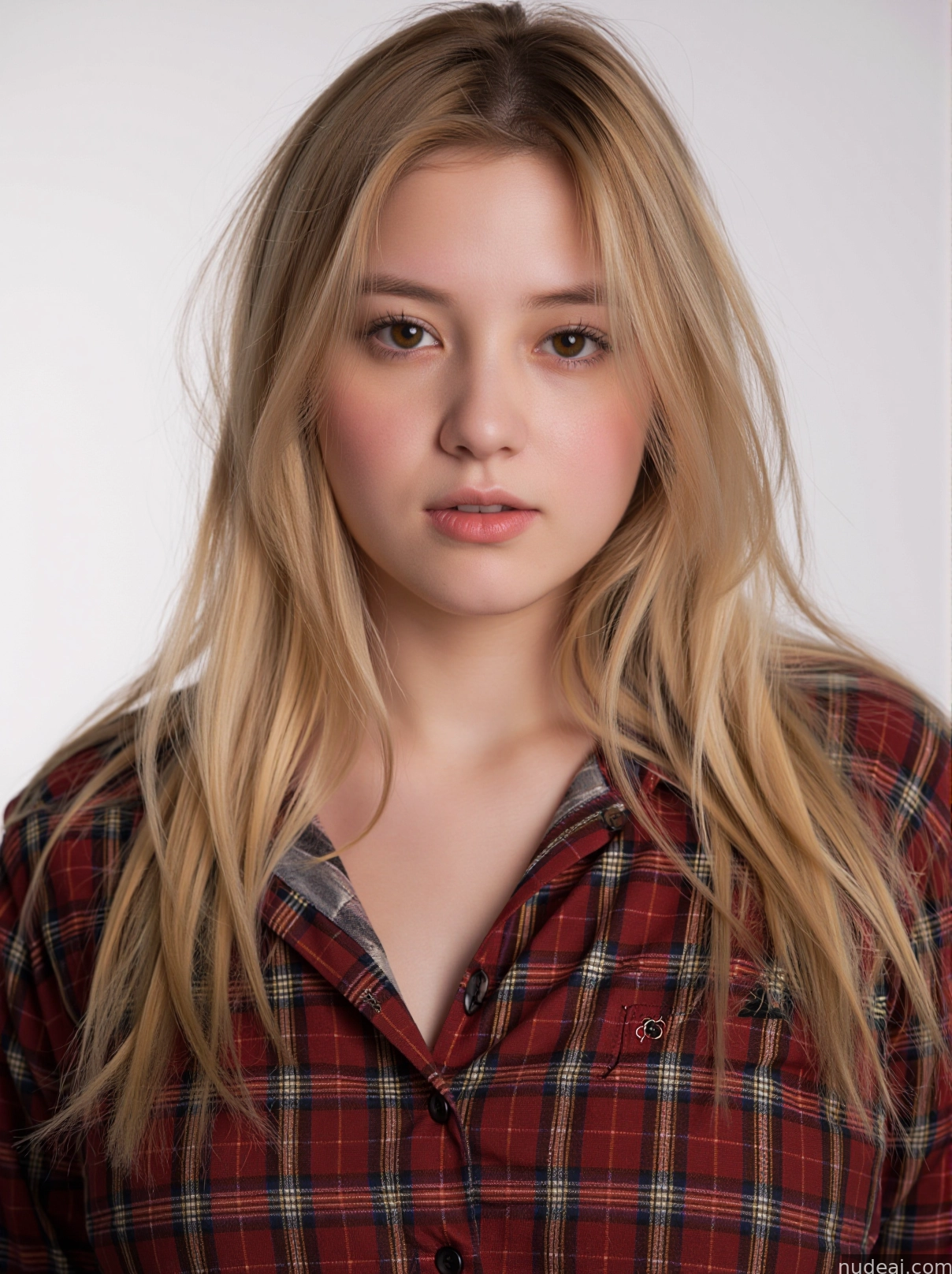 blond woman with long hair wearing a plaid shirt and looking at the camera