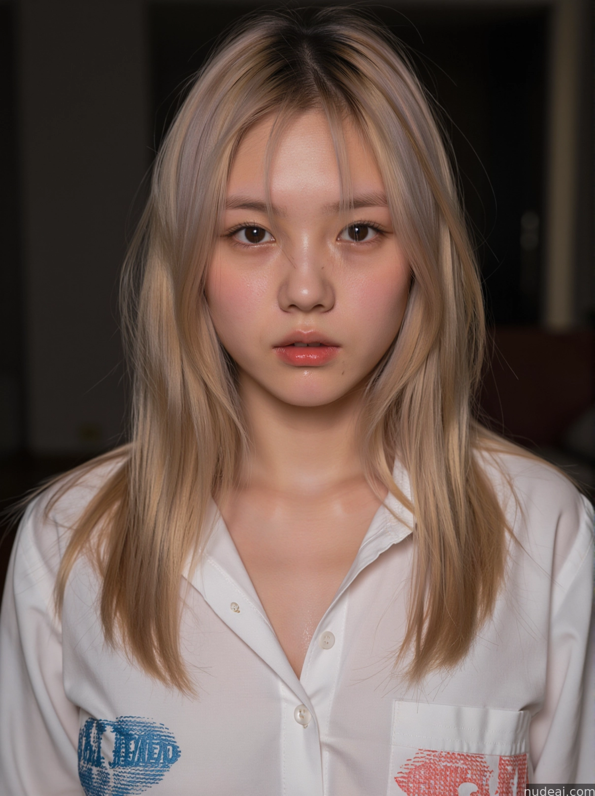 blond woman with long hair and white shirt posing for a picture