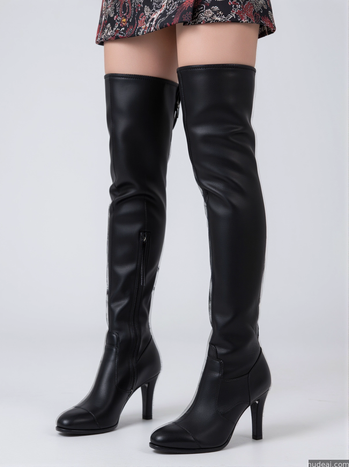 a close up of a woman wearing black boots and a dress