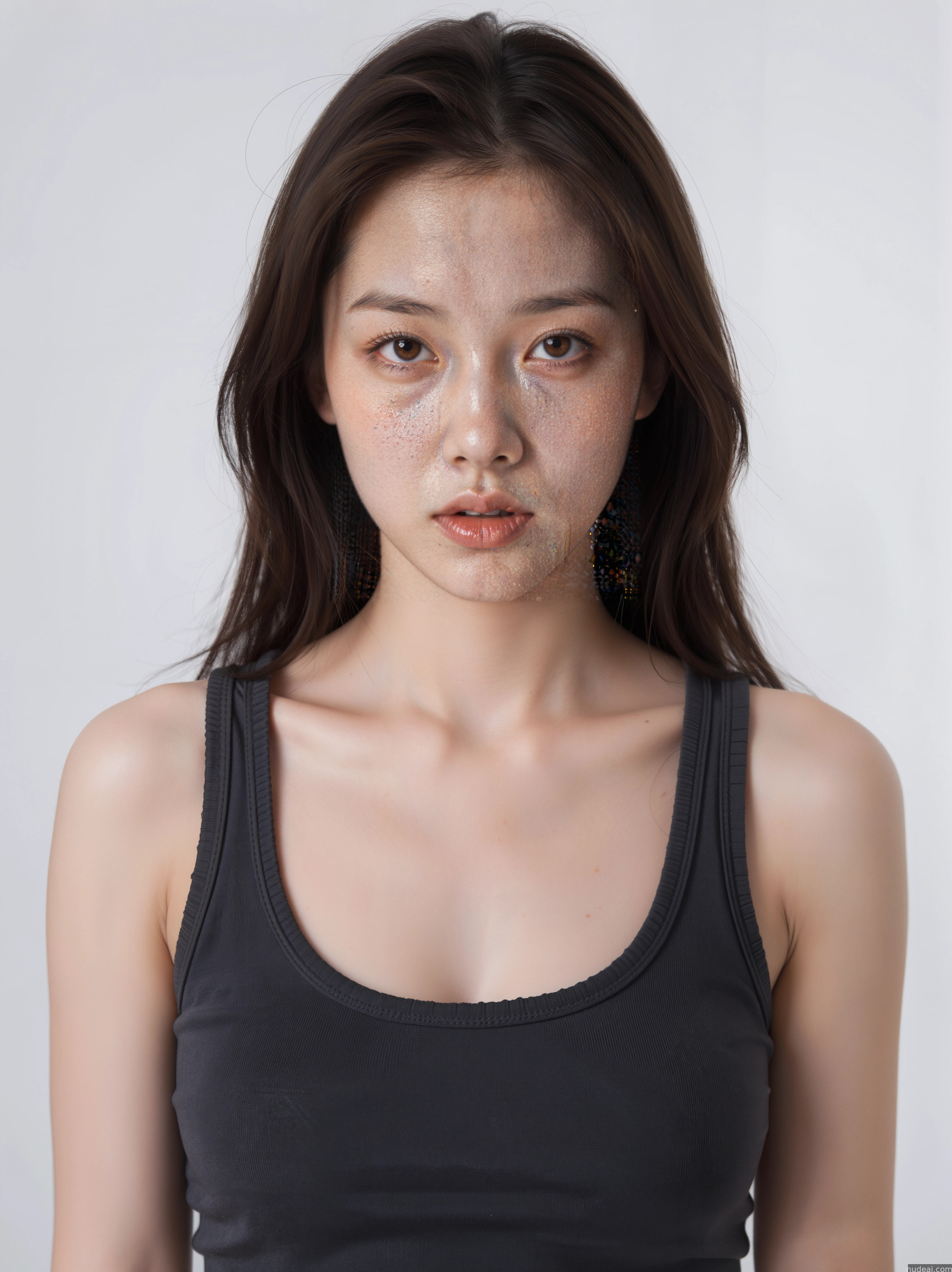 arafed woman with freckles and a black tank top
