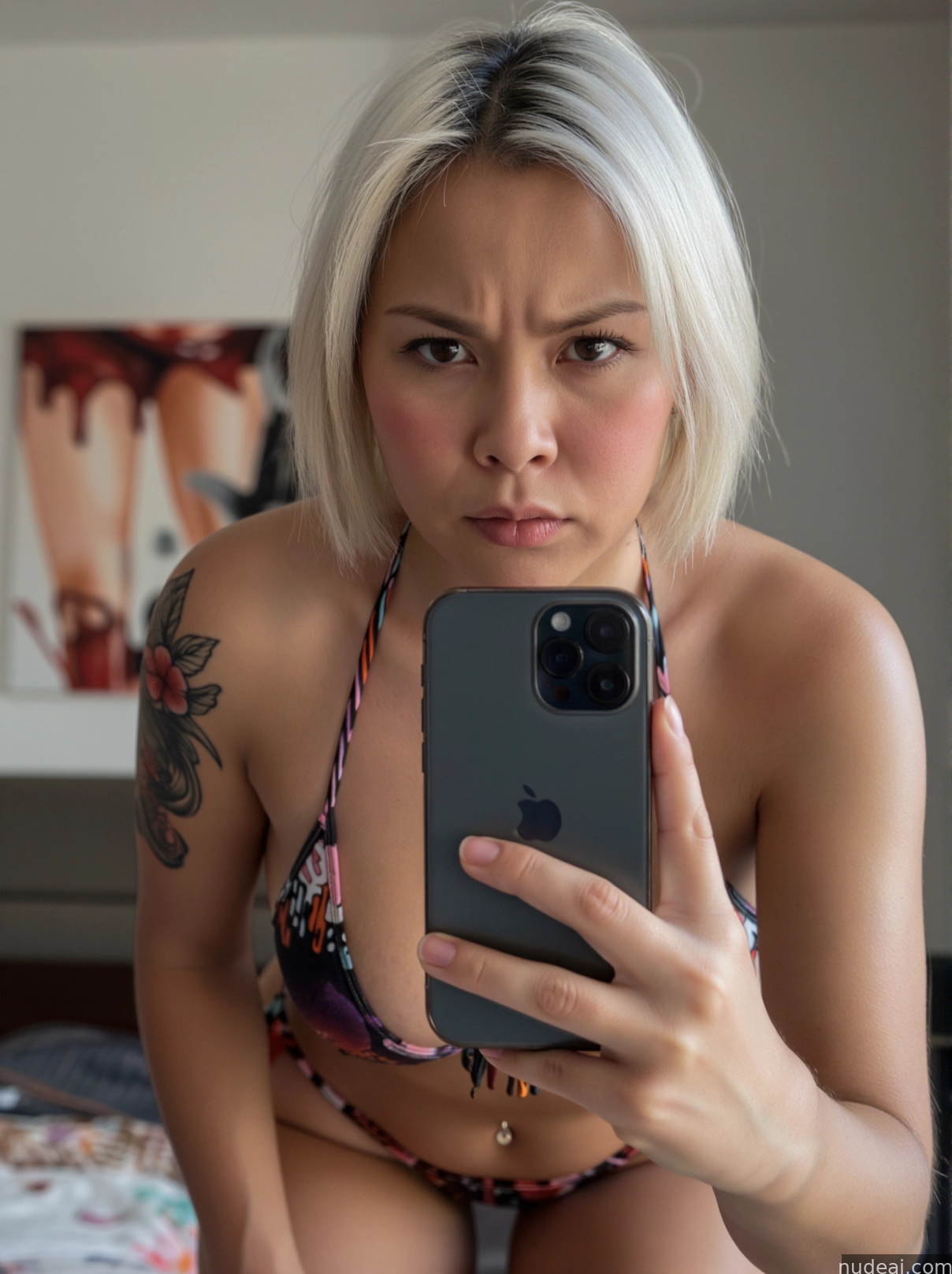 blond woman in a bikini taking a selfie with her phone