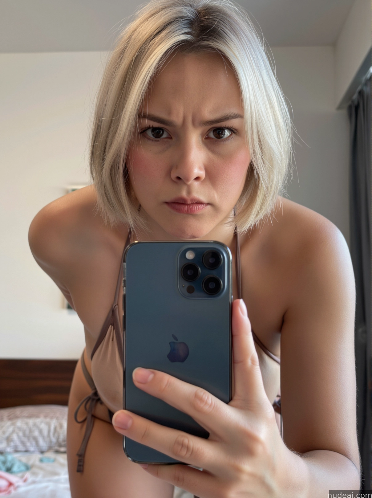 blond woman taking a selfie with her iphone while sitting on a bed