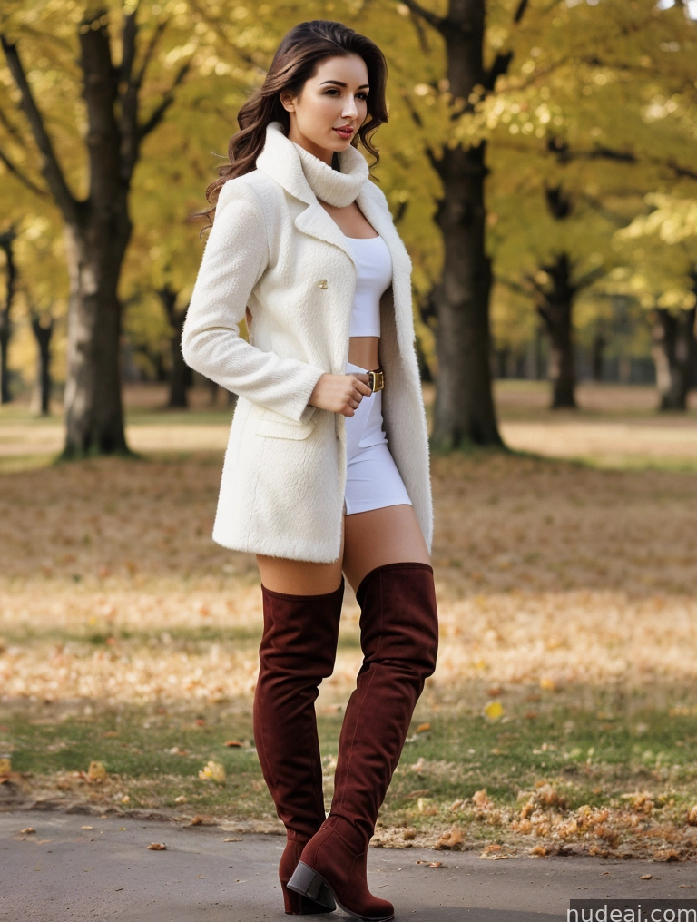 araffe woman in white coat and white shorts posing for a picture