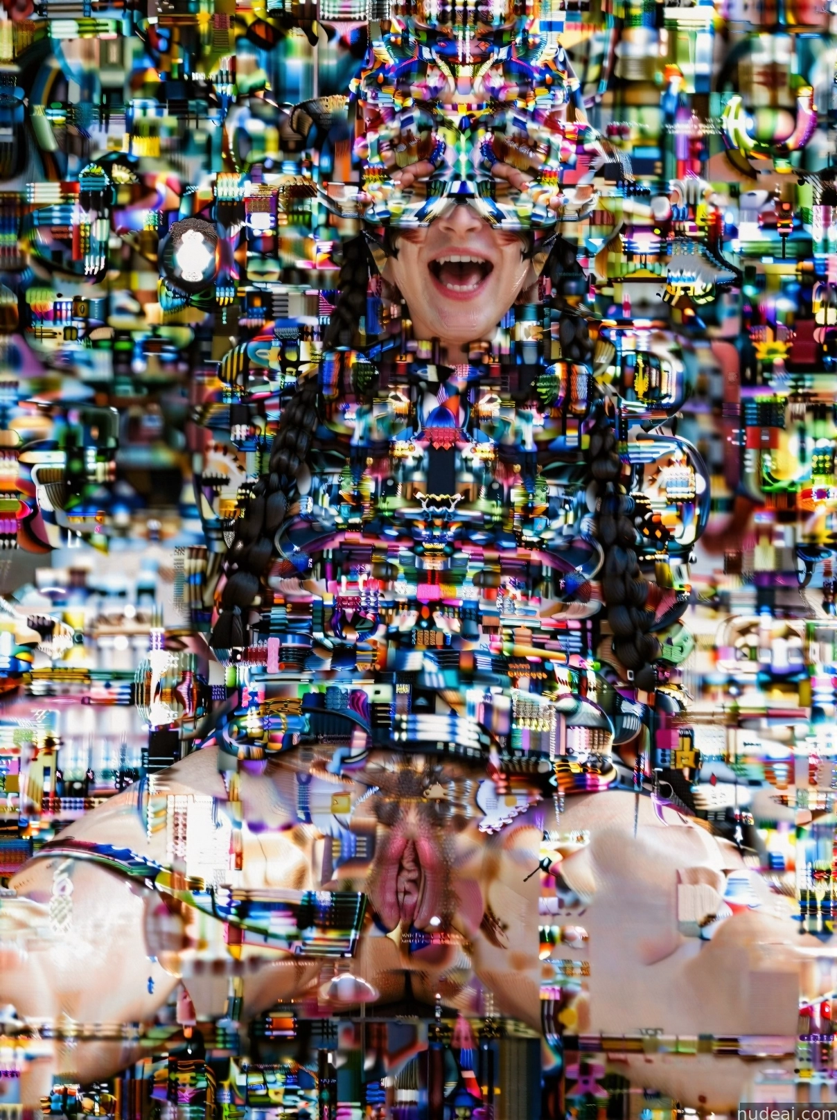 arafed image of a woman with a hat and a lot of beads