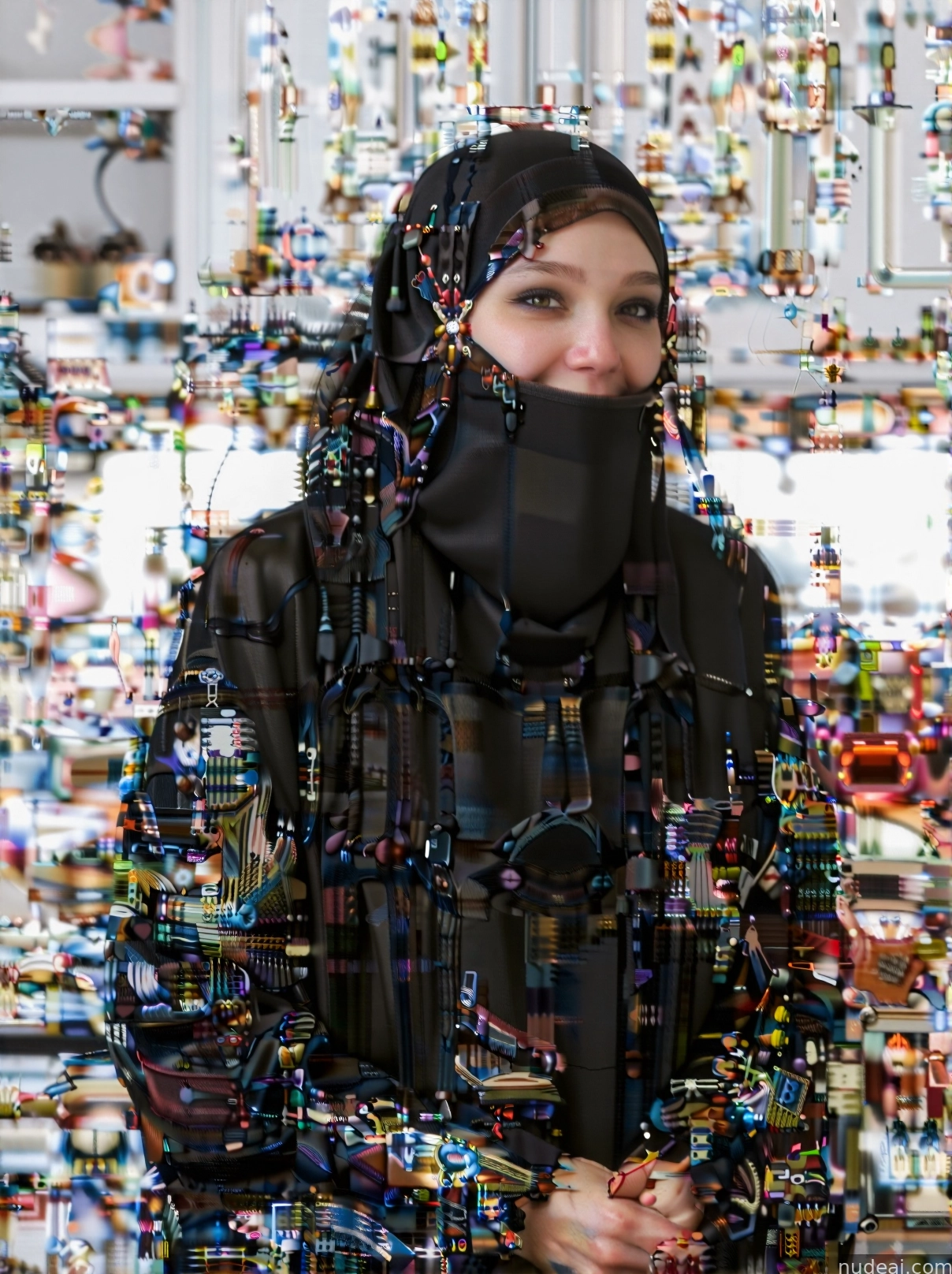 arafed image of a woman in a black jacket and scarf