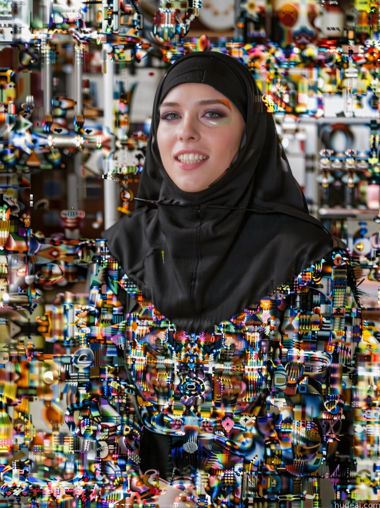 arafed woman in a black hijab stands in front of a wall of colorful beads