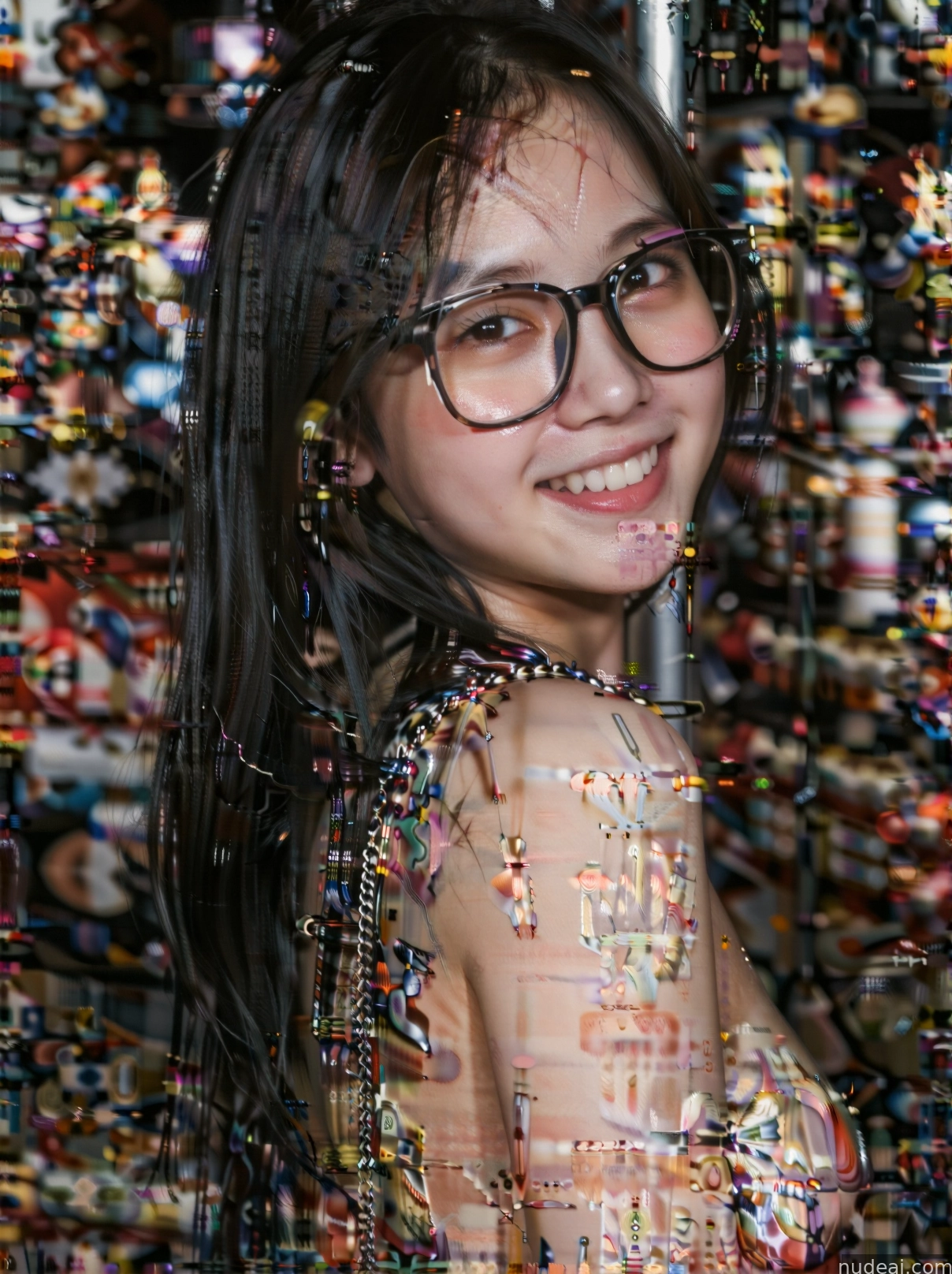 arafed woman with glasses and a dress in front of a wall of beads