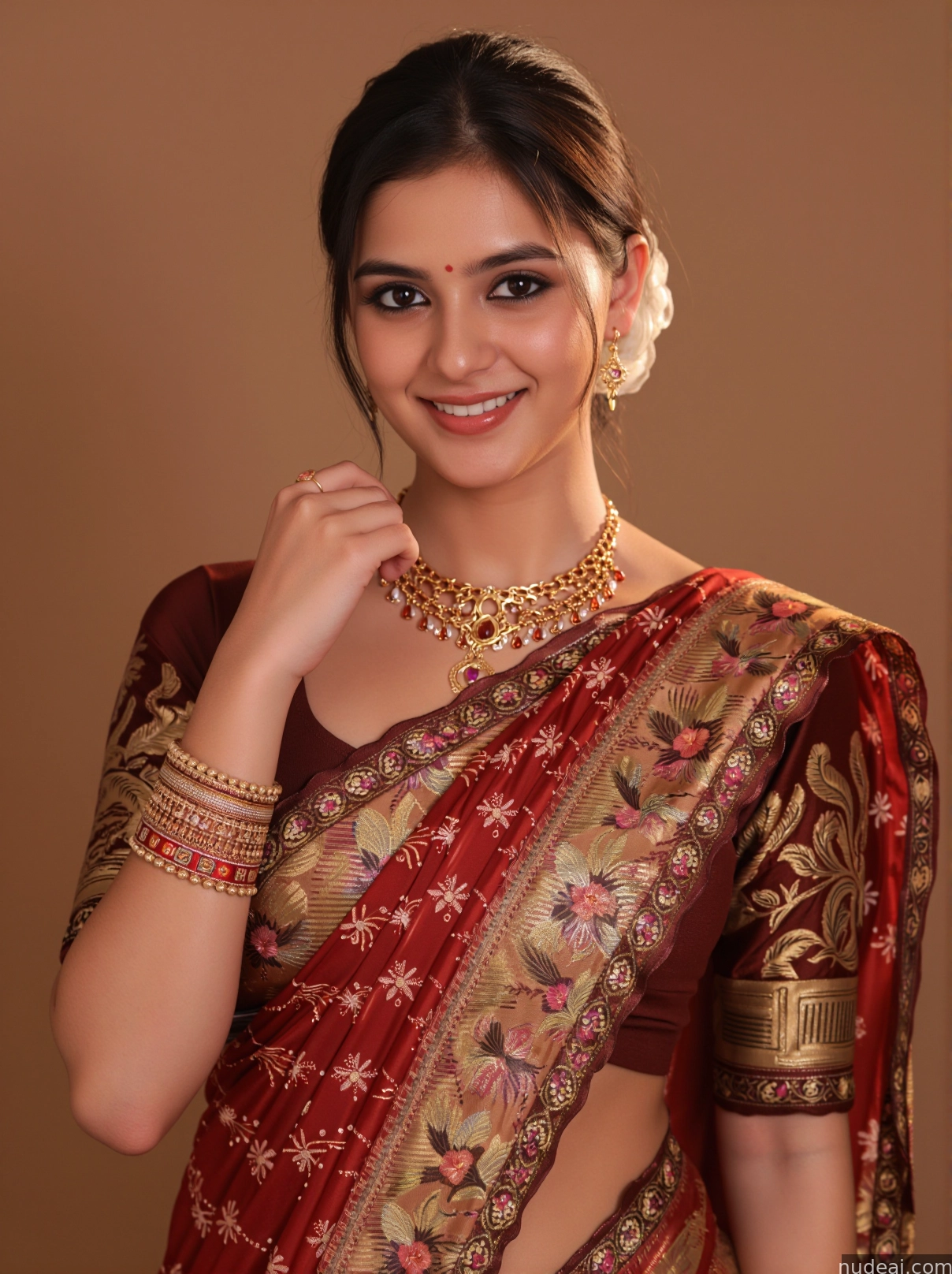a close up of a woman wearing a red and gold sari