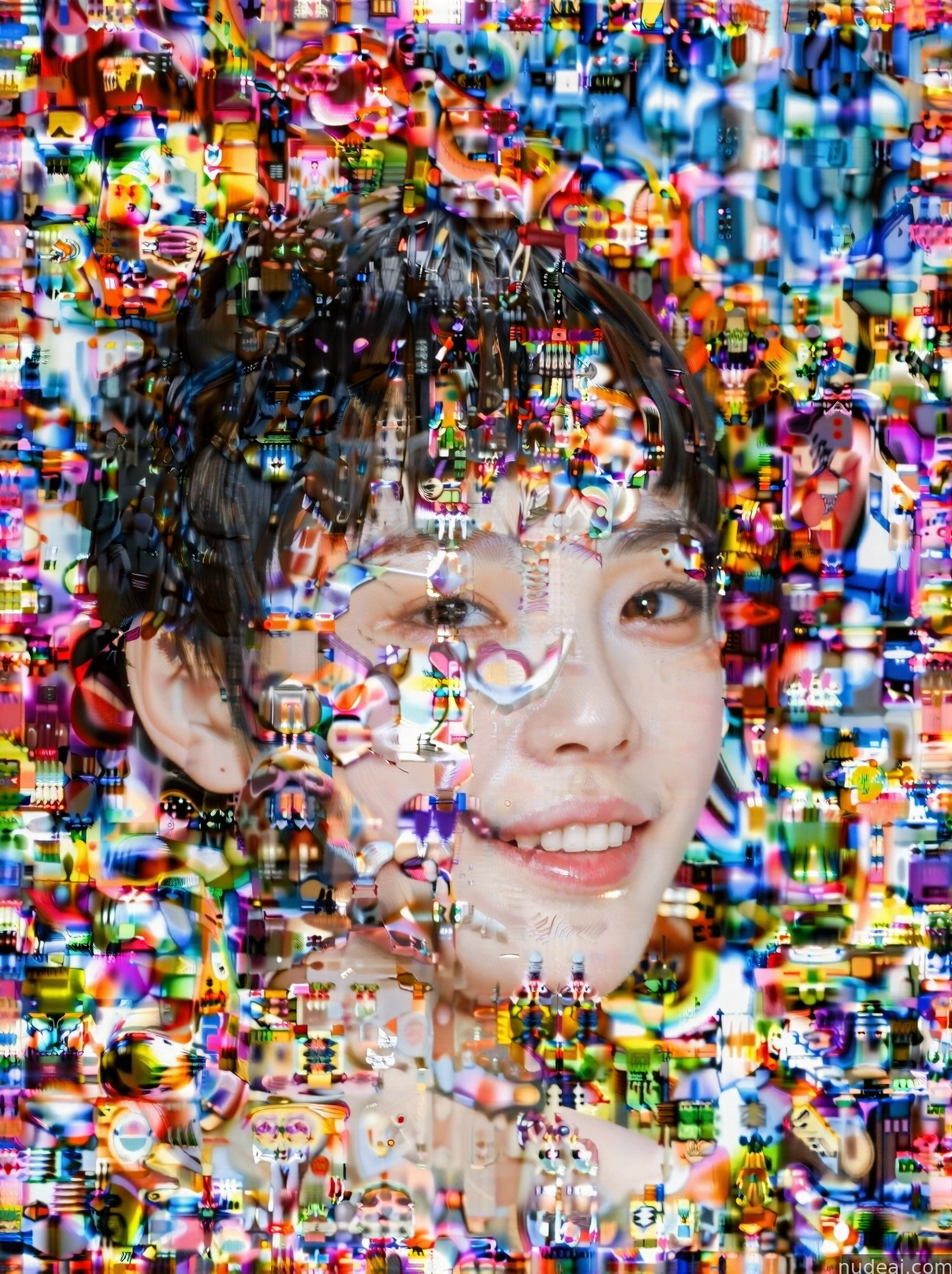 arafed image of a woman with a lot of different colored objects on her face