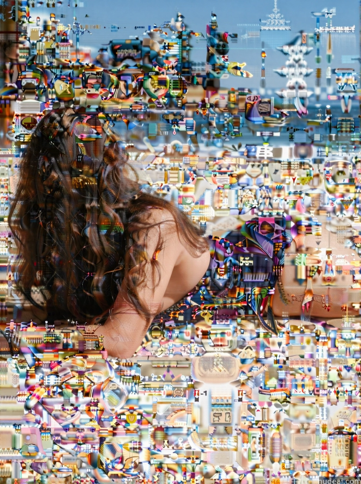 arafed image of a woman laying on a bed with a lot of toys
