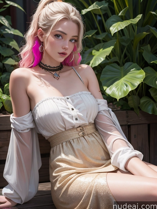 blonde woman with pink hair sitting on a bench in front of a plant