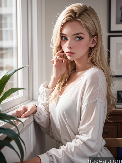 blond woman sitting on a chair in front of a window