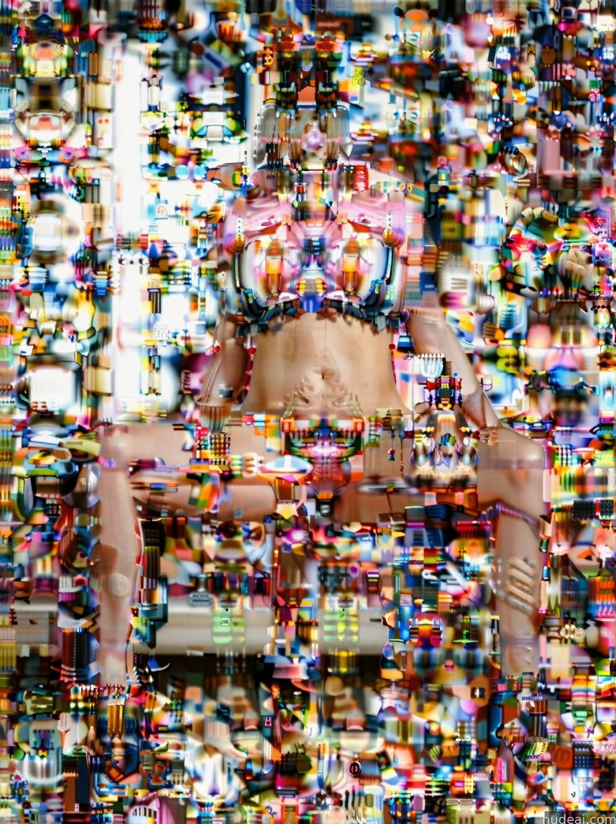 arafed image of a woman sitting on a bench in front of a wall of colorful objects