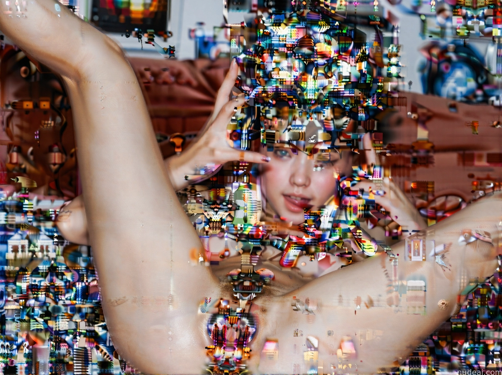 there is a woman with a very large head made of many small objects