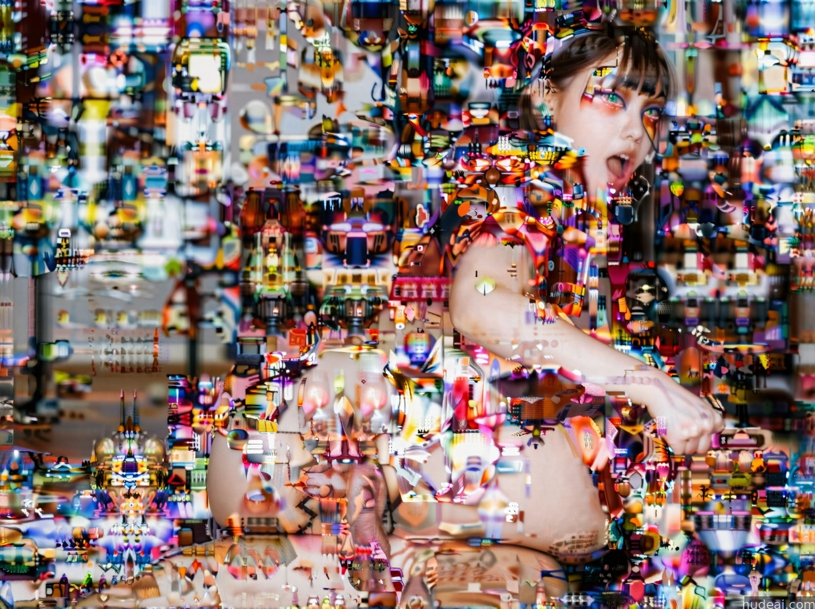 there is a woman sitting on a bed with a lot of confetti