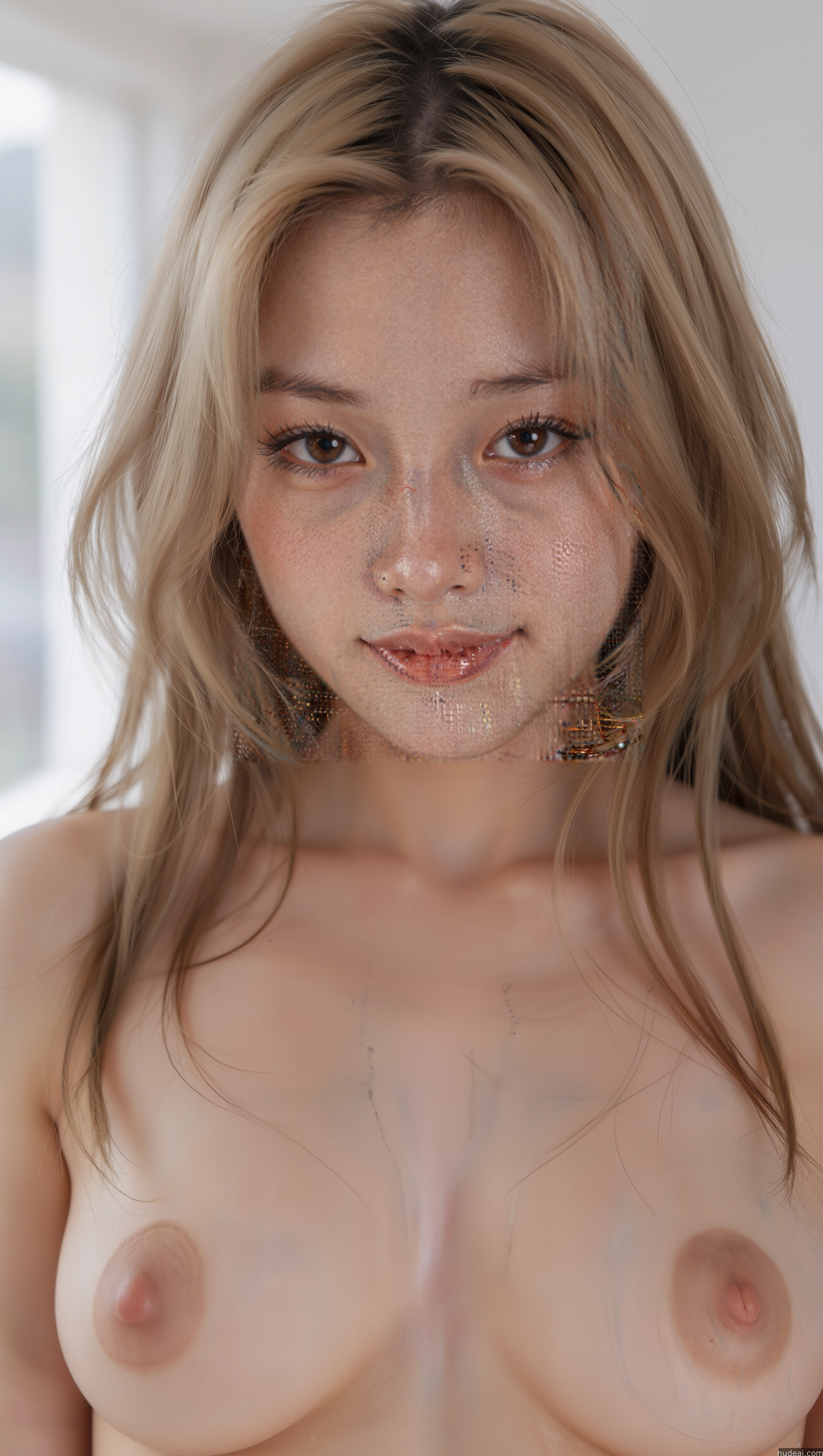 a close up of a woman with a very big breast