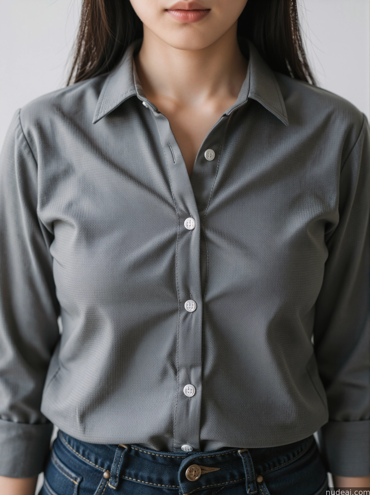 arafed woman in a gray shirt and jeans posing for a picture