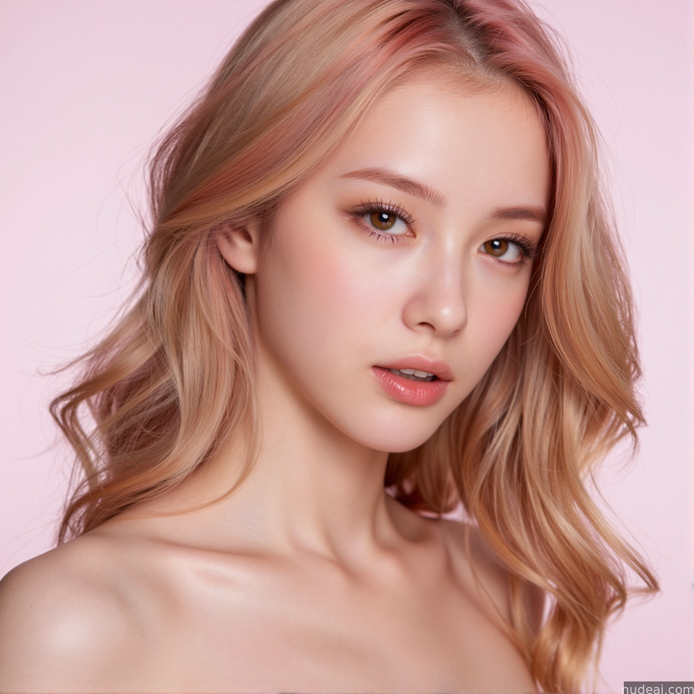 blond woman with pink hair and a pink background