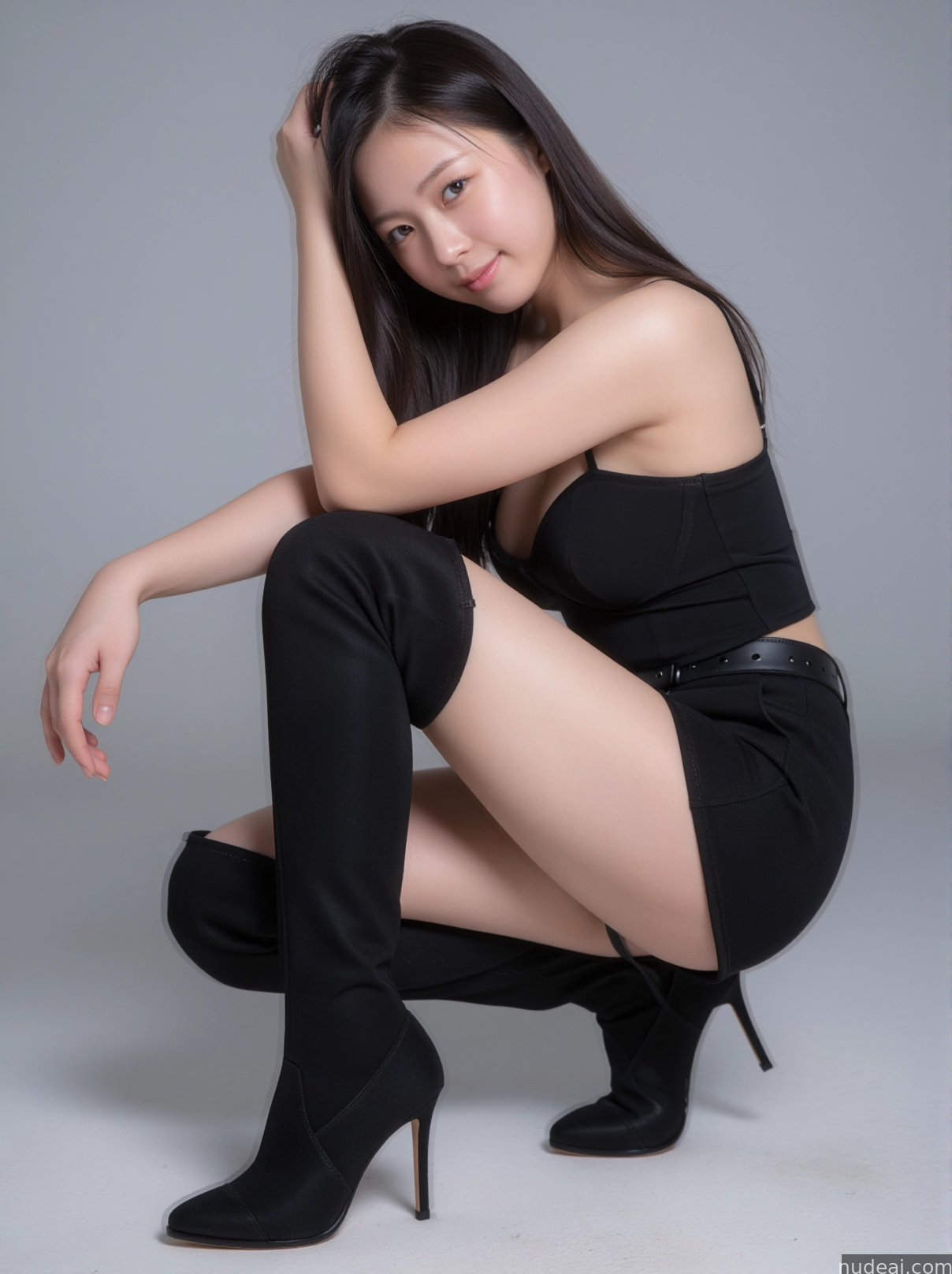 arafed woman in black dress and high heel boots sitting on a chair