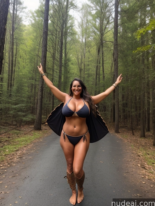 arafed woman in a bikini and cape walking down a road