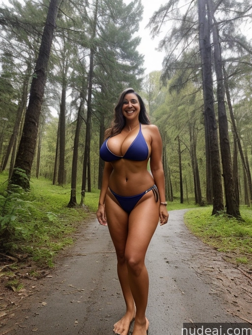 arafed woman in a bikini walking down a path in the woods