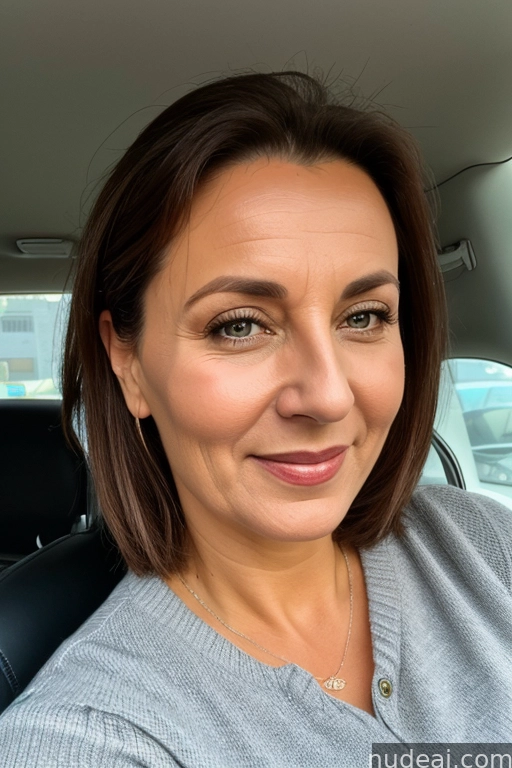 smiling woman in car with car seat up and a car in the background