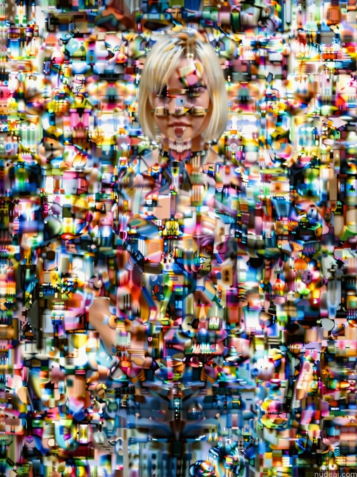 arafed image of a woman standing in front of a wall of many different colored objects