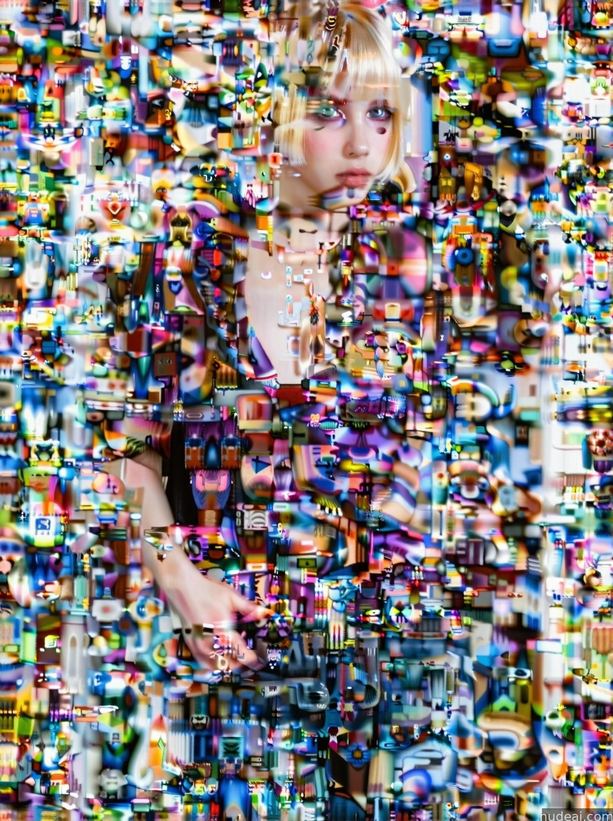 arafed image of a woman with a camera and a lot of photos