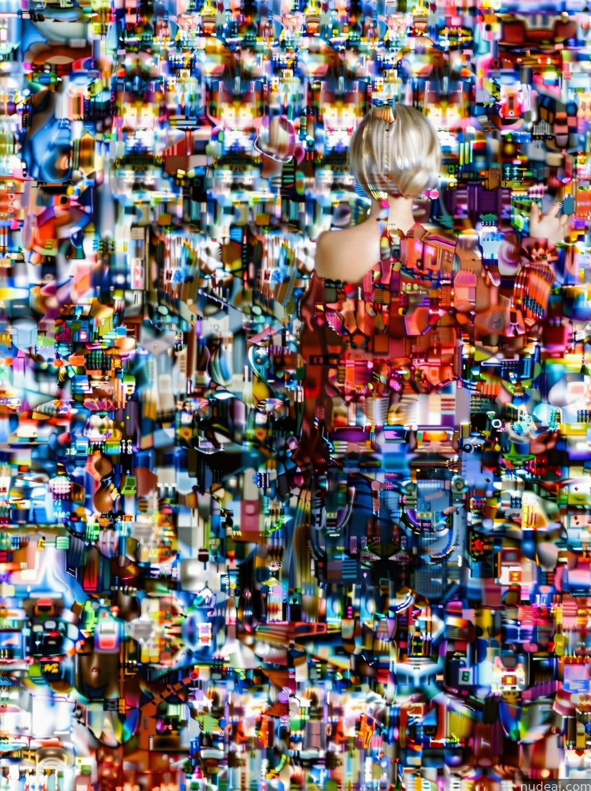 arafed image of a woman standing in front of a wall of televisions