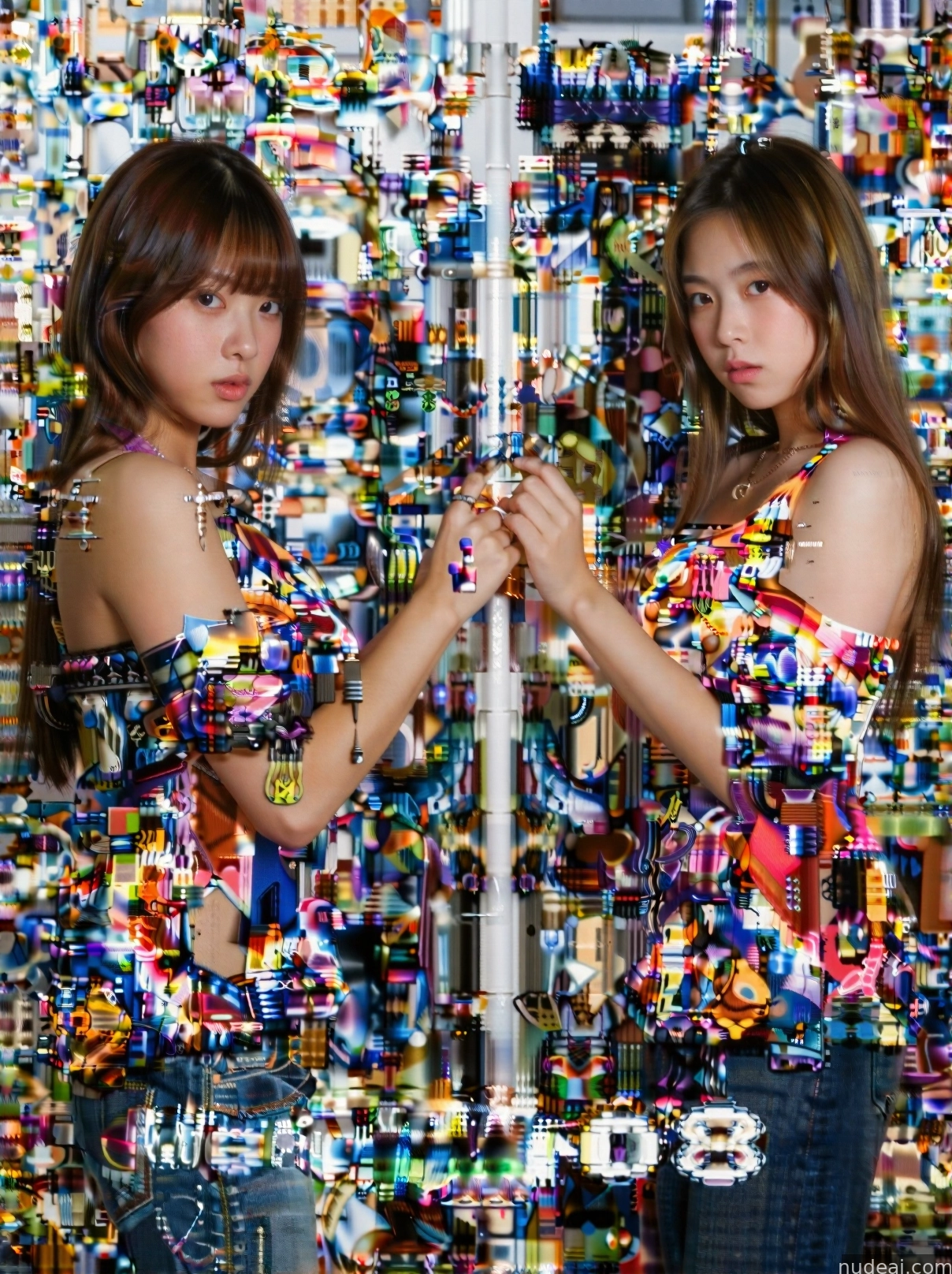 two asian women in colorful dresses standing in front of a mirror