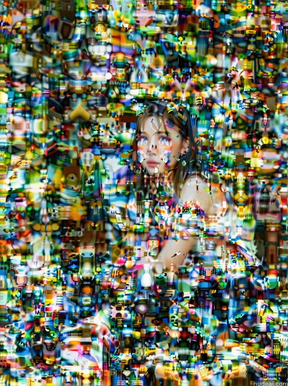 arafed image of a woman in a white dress standing in front of a wall of colorful objects