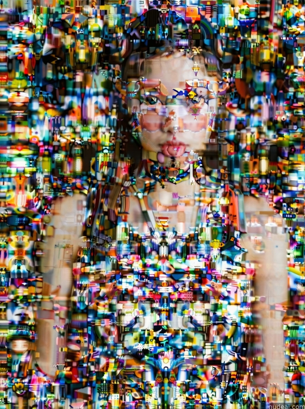 a close up of a woman with a very large amount of colorful objects