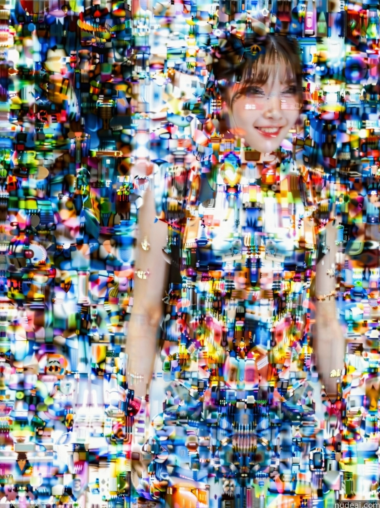 arafed image of a woman standing in front of a wall of colorful objects