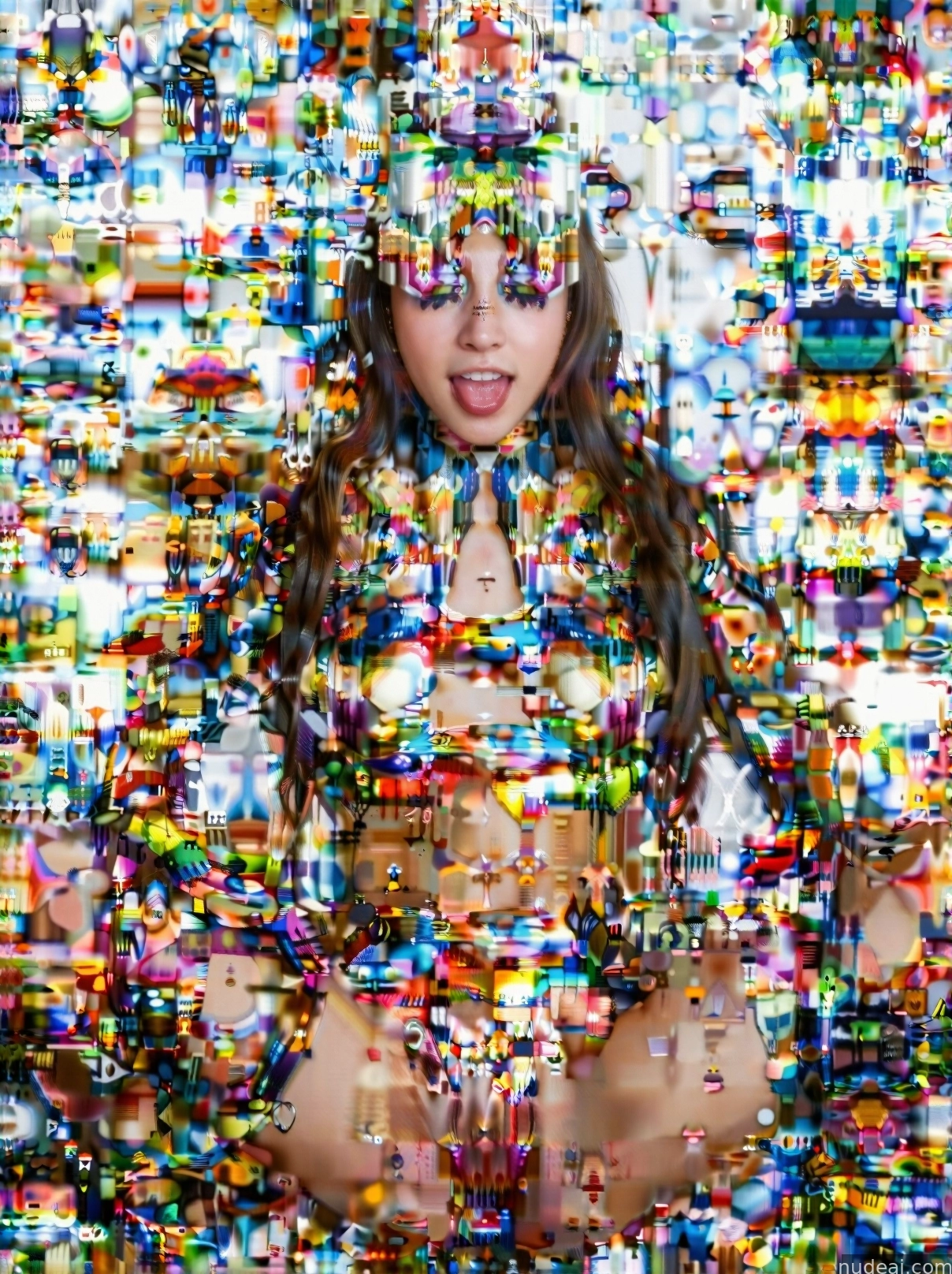 arafed image of a woman with a lot of colorful objects on her face