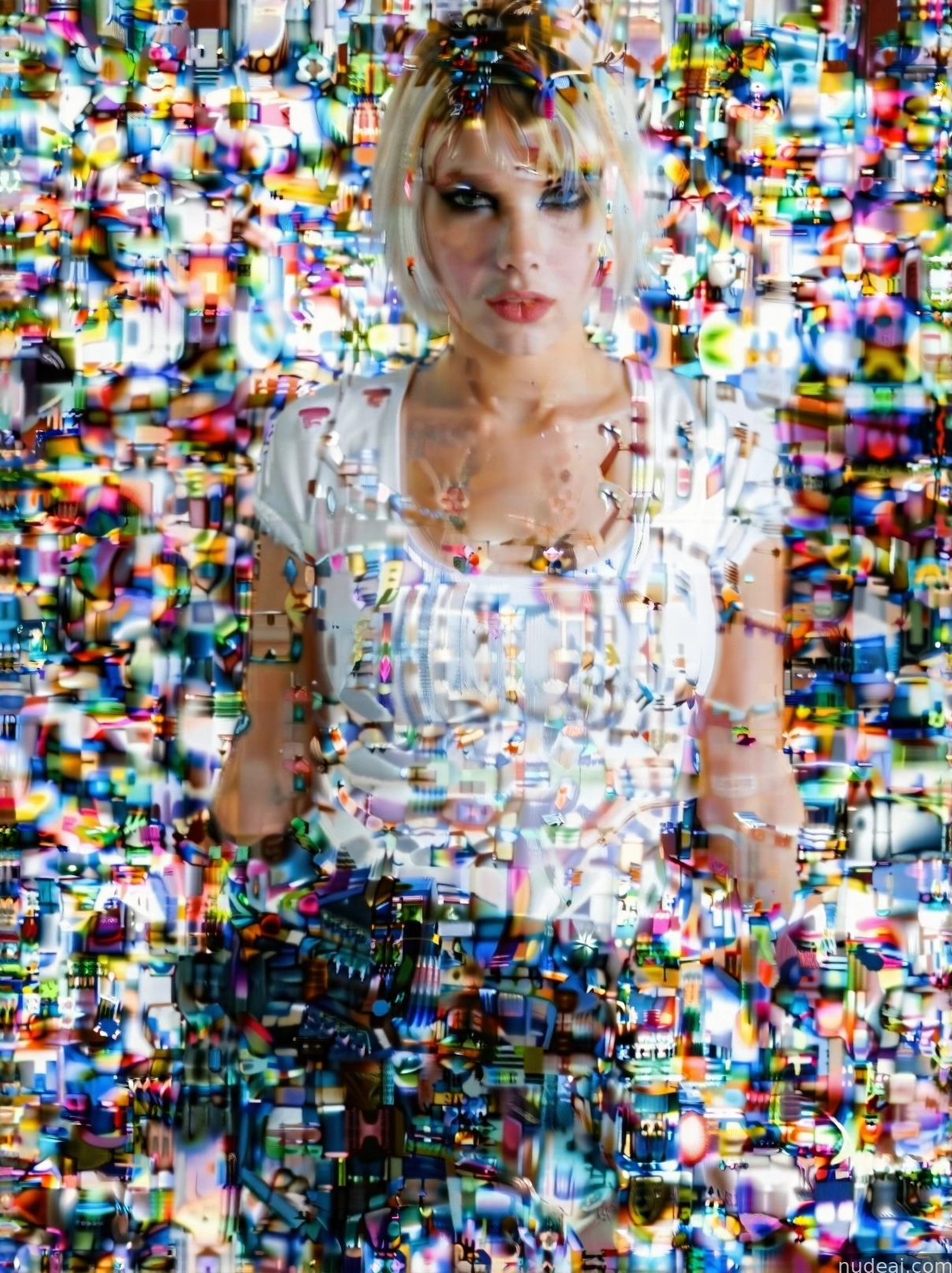 arafed image of a woman standing in front of a wall of colorful objects