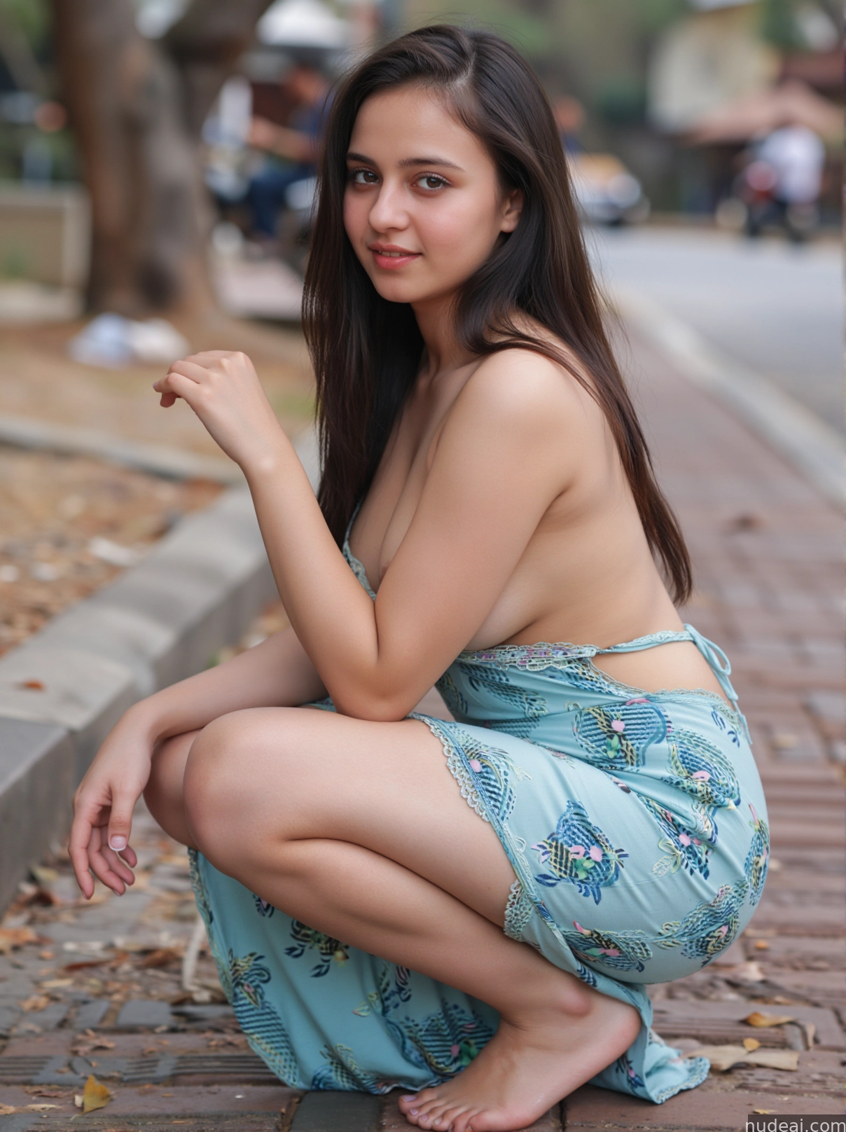 arafed woman in a blue dress crouching down on a brick sidewalk