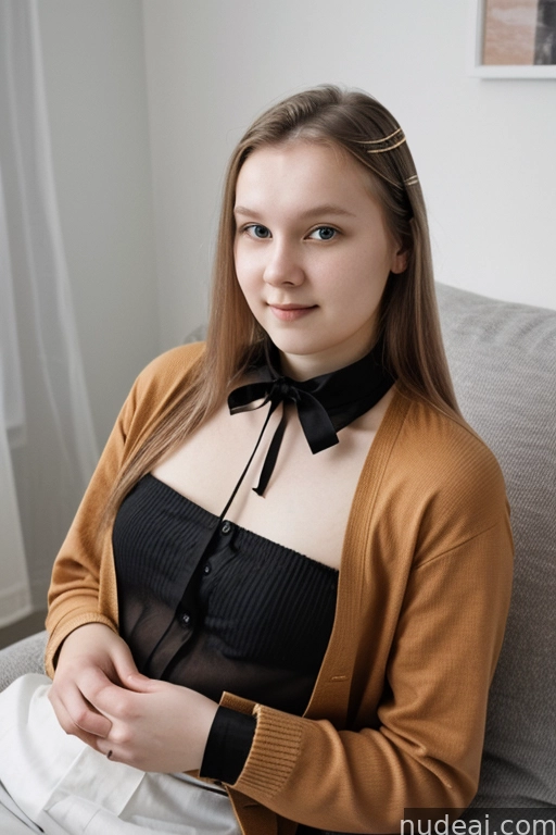 there is a woman sitting on a couch with a black shirt