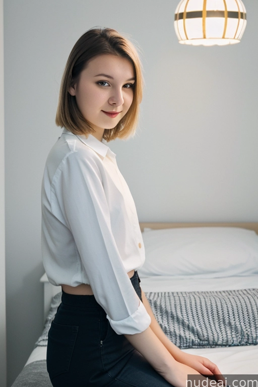 there is a woman sitting on a bed with a lamp above her head