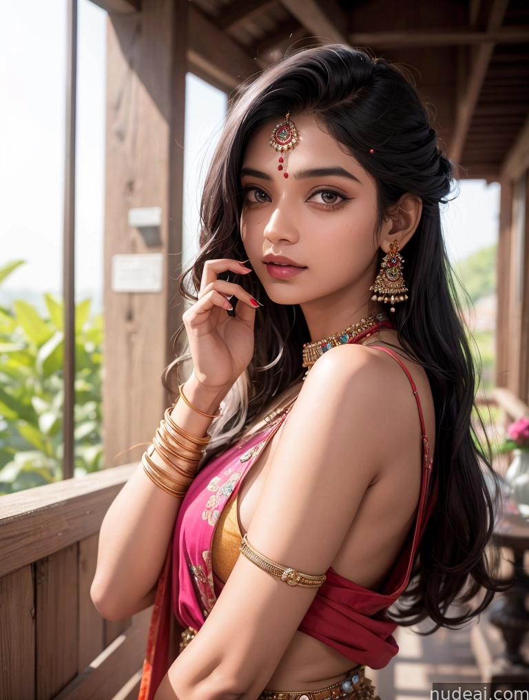 araffe woman in a red sari talking on a cell phone