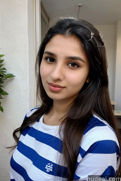 a close up of a woman with long hair wearing a blue and white shirt