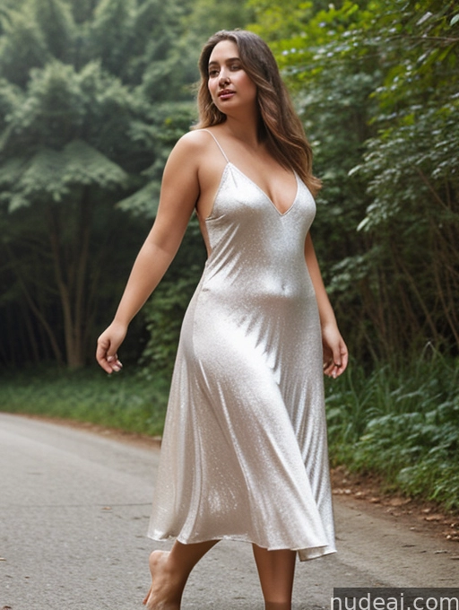 araffe woman in a silver dress walking down a road