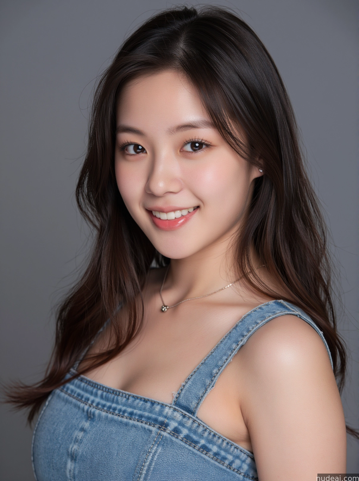arafed asian woman in a denim dress posing for a picture