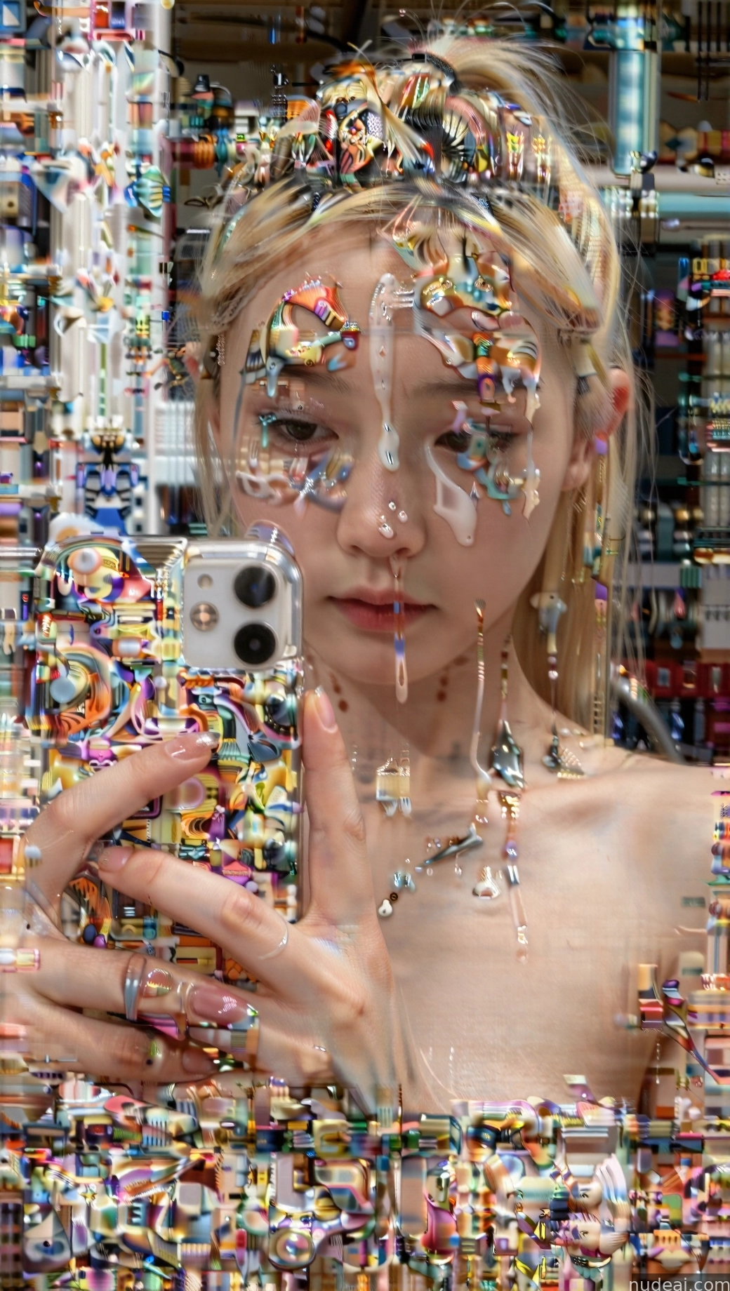 arafed image of a woman taking a picture of herself with a phone