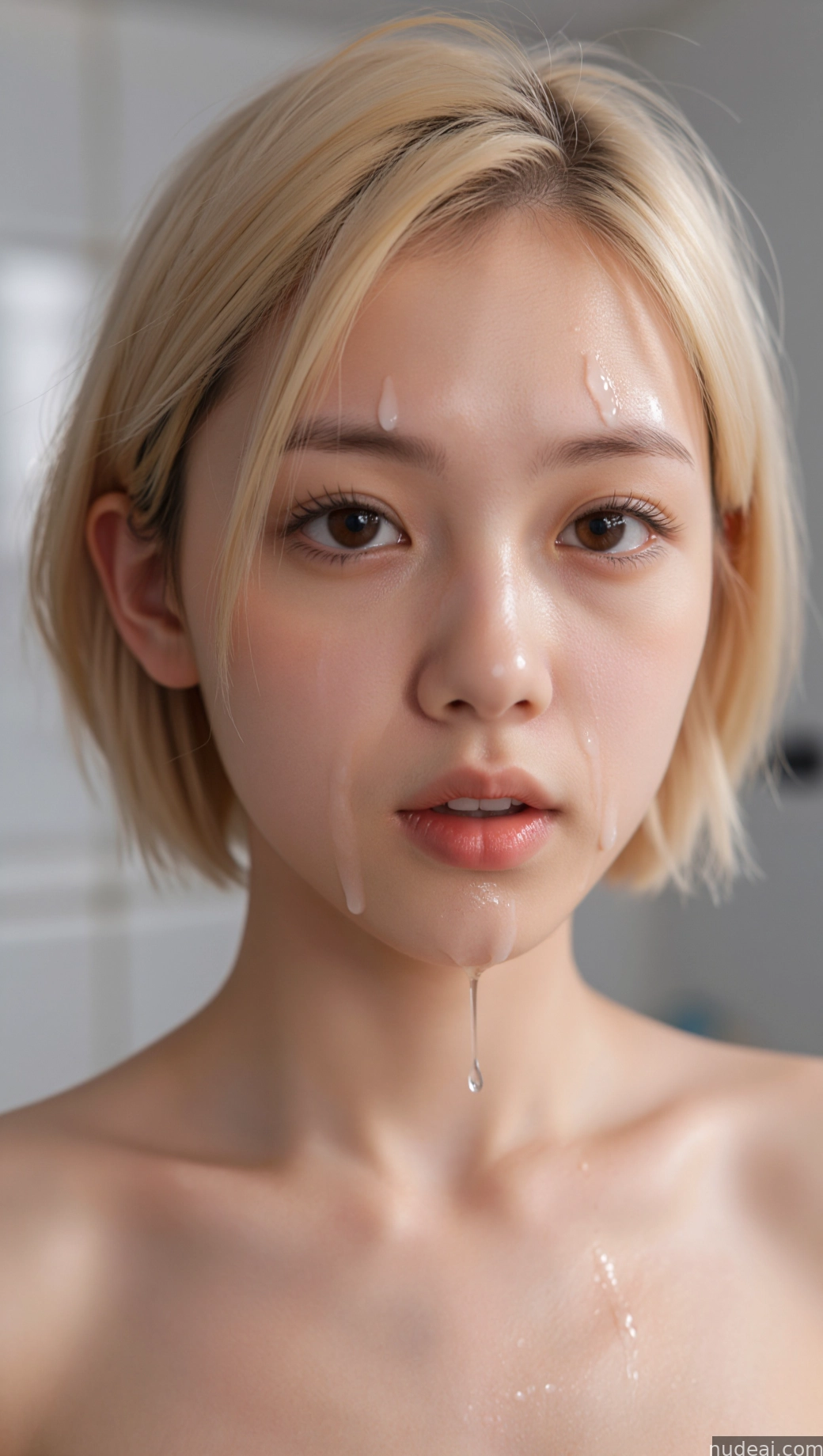 blond woman with a dripping face and a white towel on her chest
